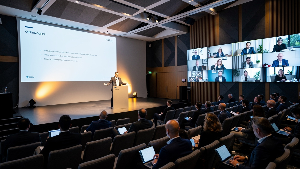 Evento corporativo híbrido com participantes presenciais e remotos