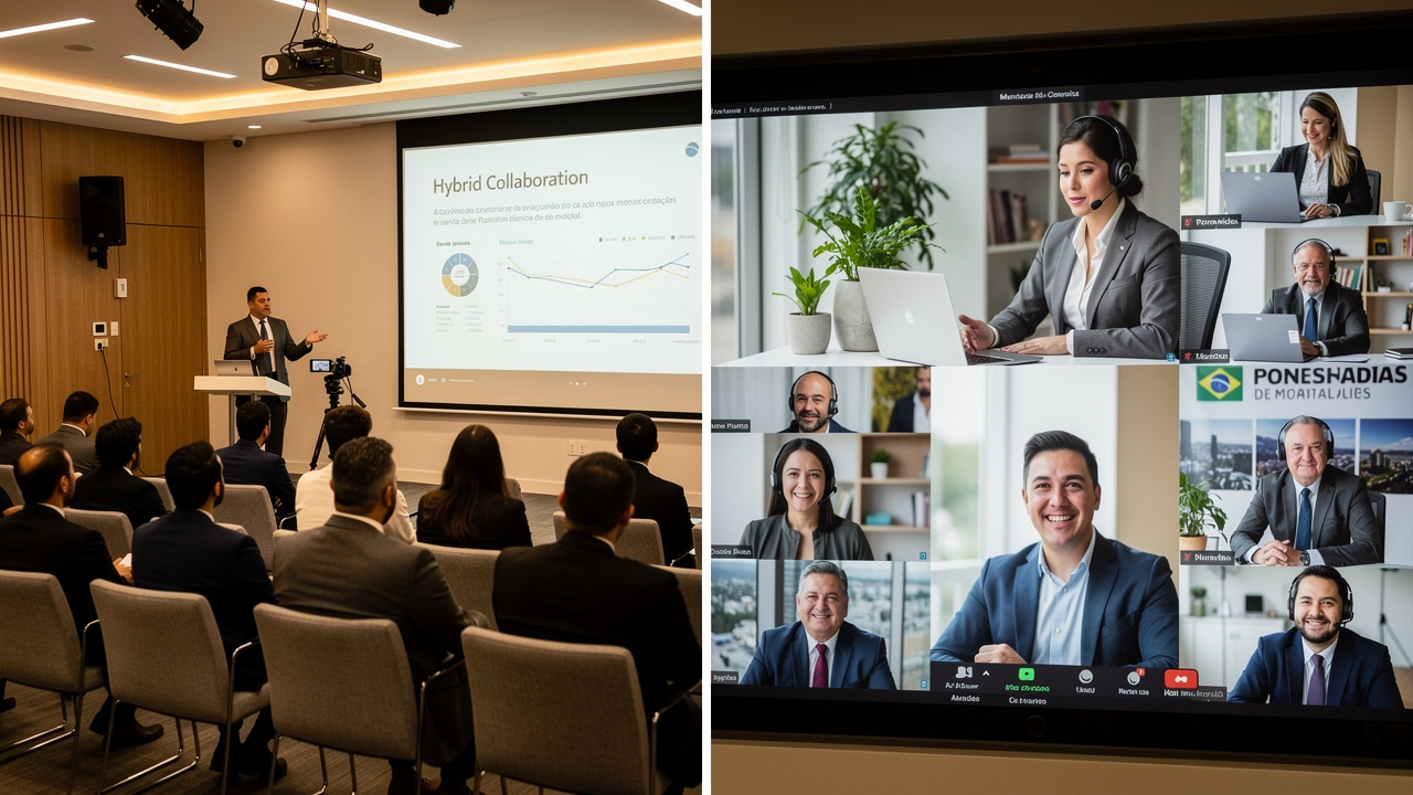 Evento híbrido corporativo com participantes presenciais e remotos