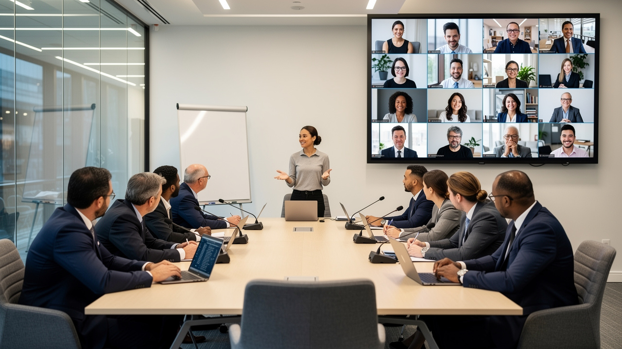 Evento híbrido corporativo com participantes presenciais e remotos conectados