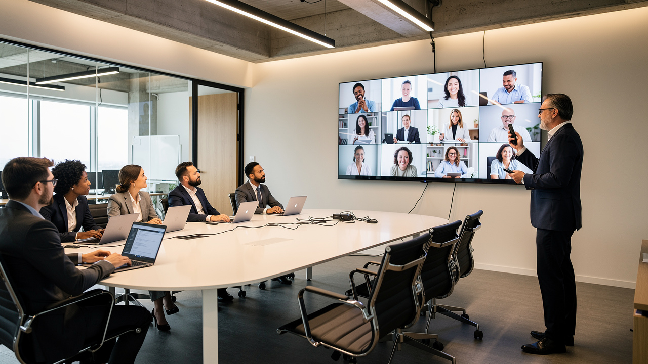 Evento corporativo híbrido com participantes presenciais e remotos conectados