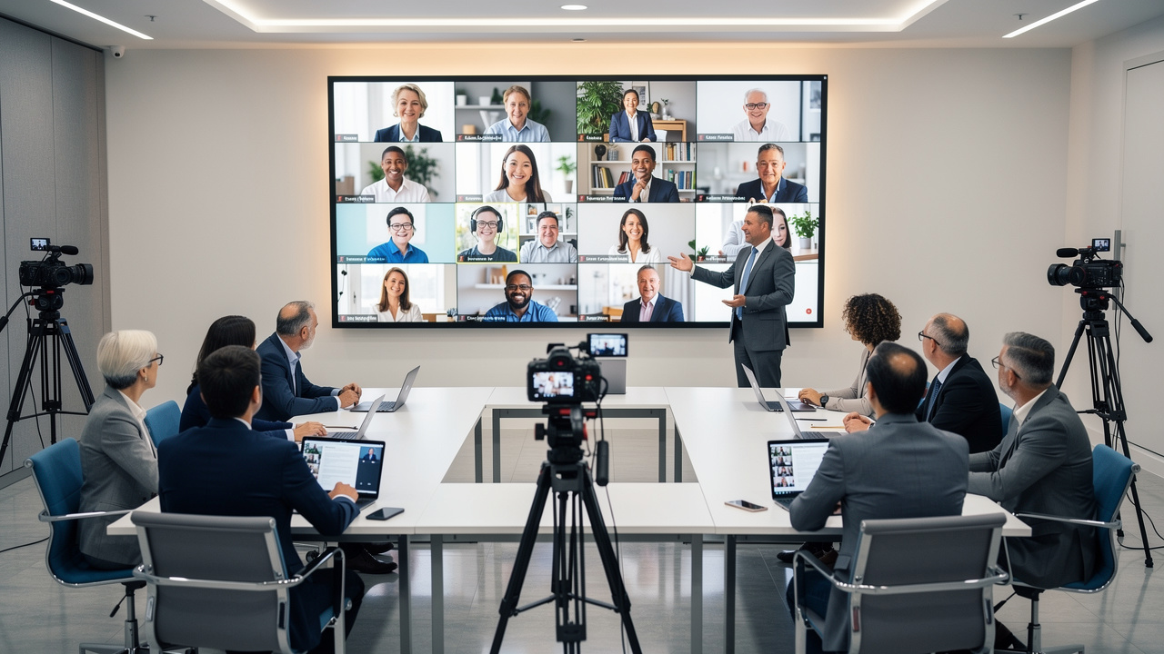 Evento híbrido de lançamento com participantes presenciais e remotos