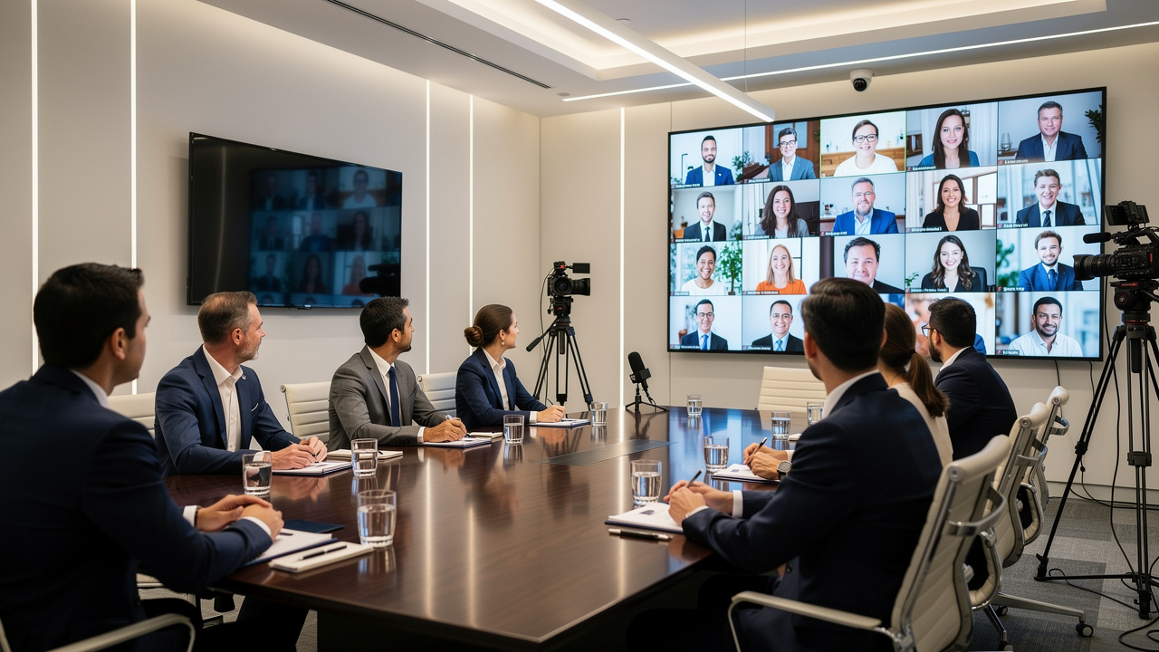 Evento corporativo híbrido com participantes presenciais e remotos integrados