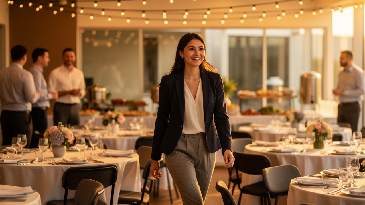 Colaboradora satisfeita em evento de integração corporativa bem organizado