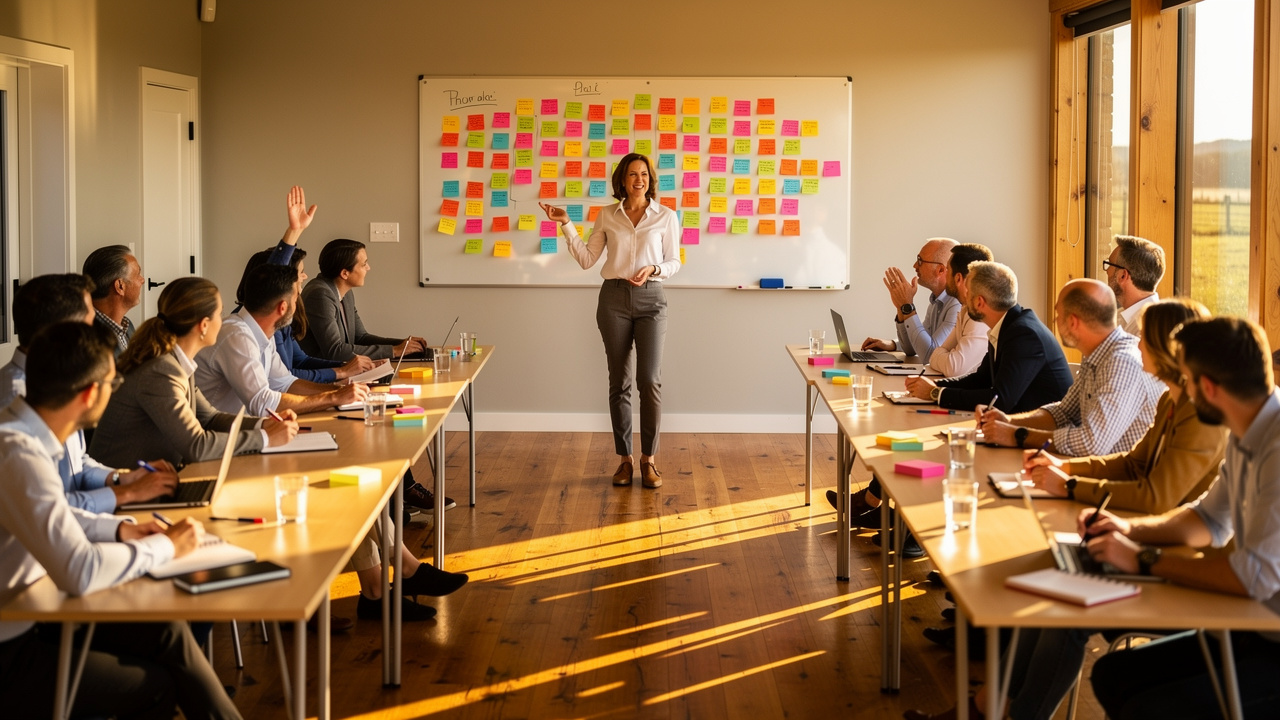 Facilitadora conduzindo workshop colaborativo em offsite corporativo