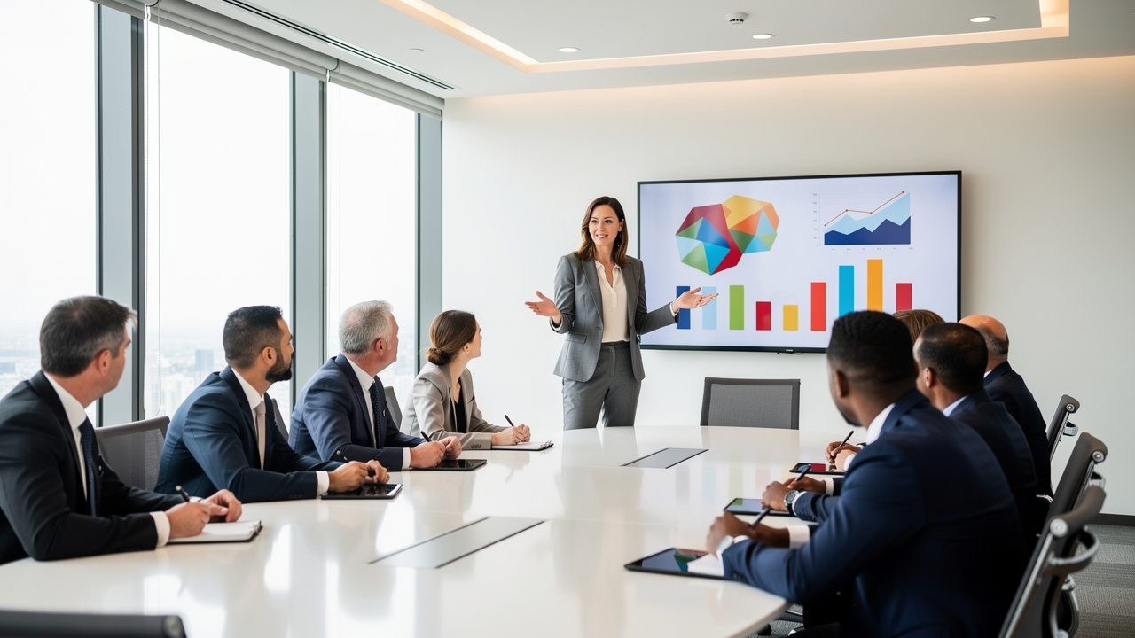 Facility manager apresentando estratégia para liderança executiva corporativa