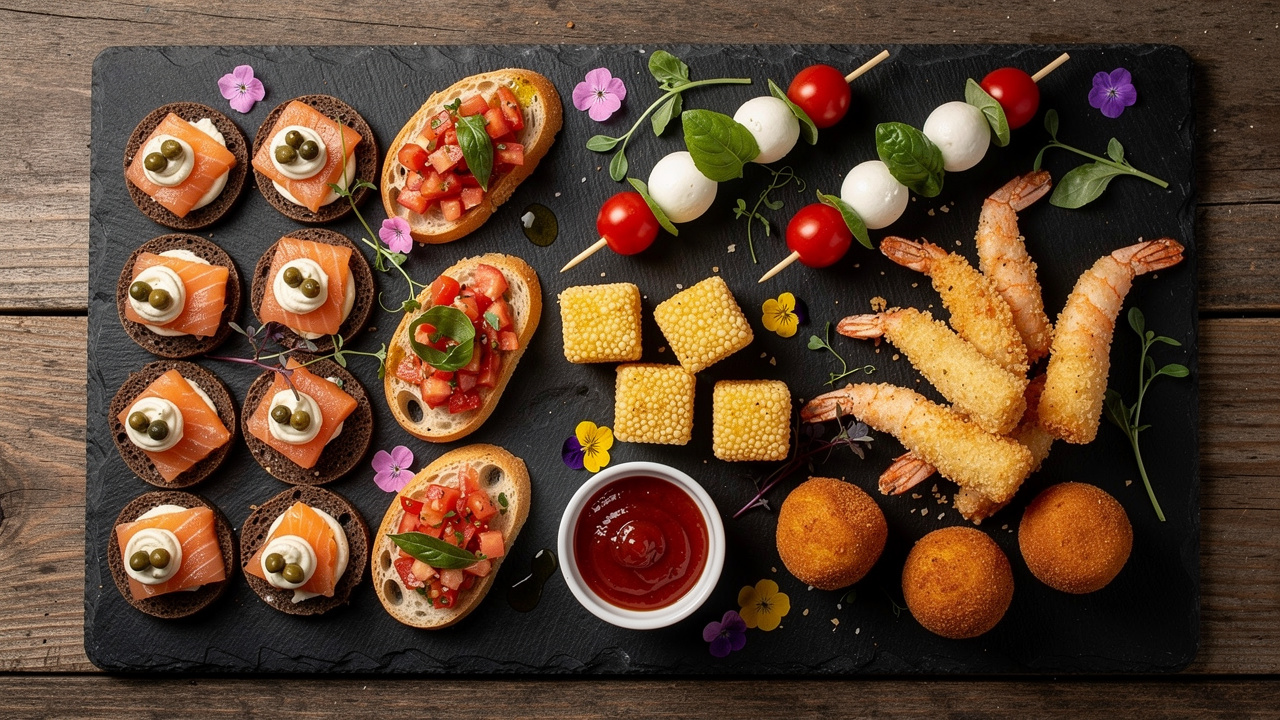 Seleção de finger food gourmet para evento corporativo