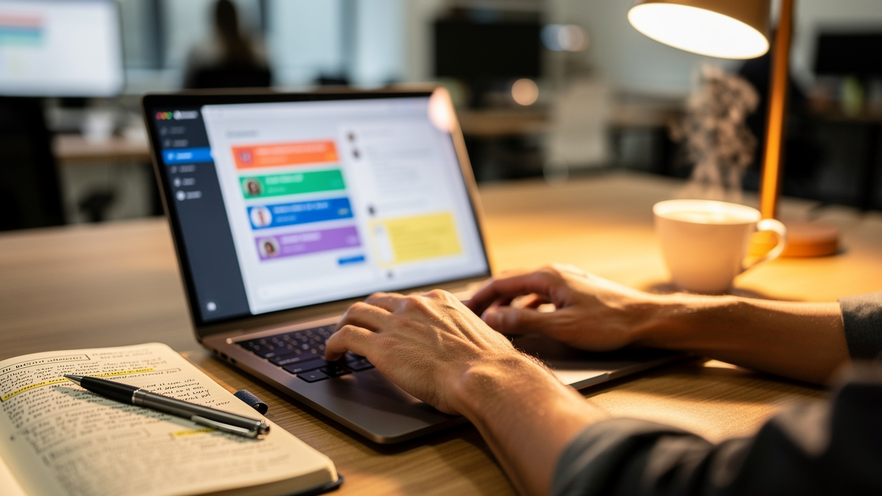 Profissional enviando e-mail de follow-up após evento corporativo