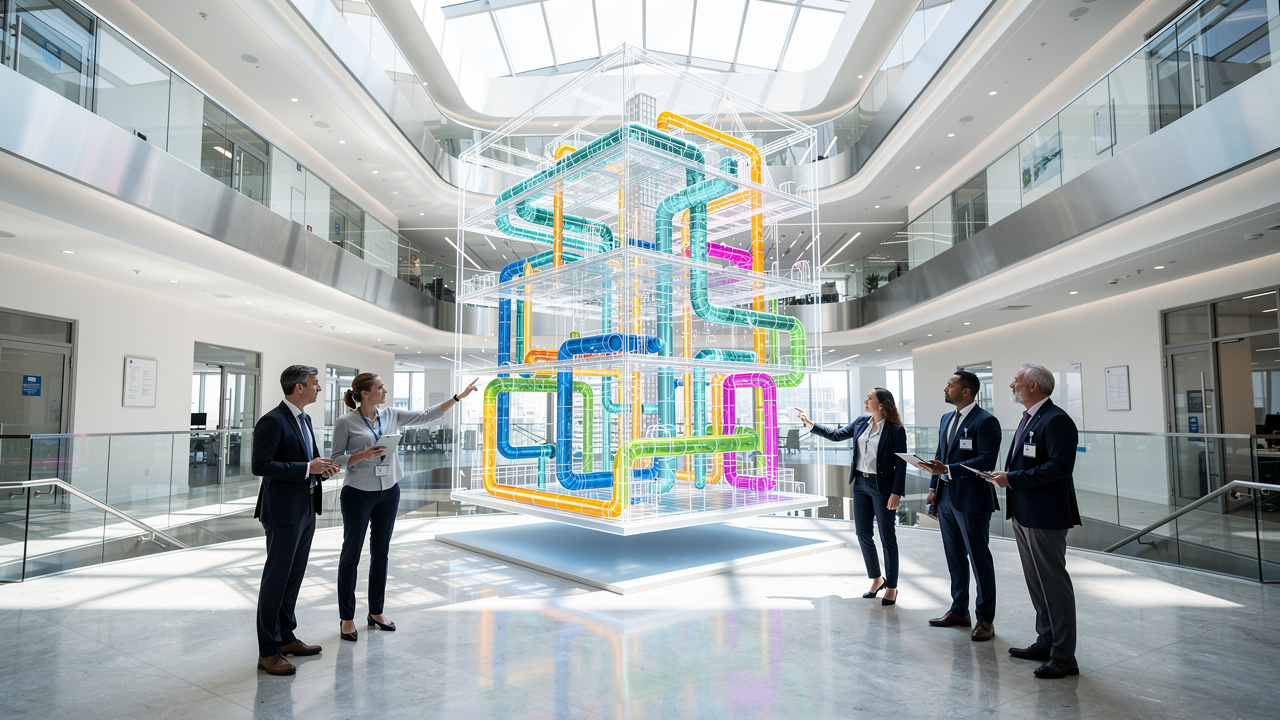 Engenheiros visualizando gêmeo digital de edifício corporativo moderno