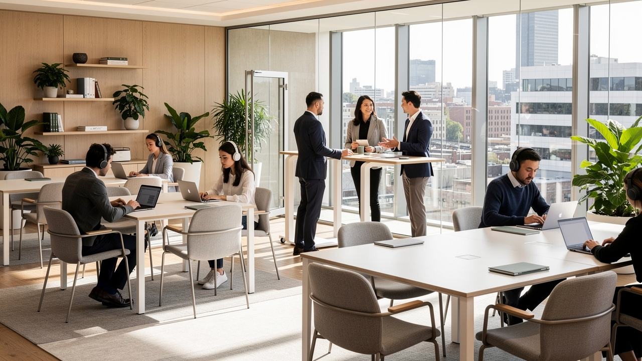 Escritório híbrido com hot desking e colaboradores trabalhando