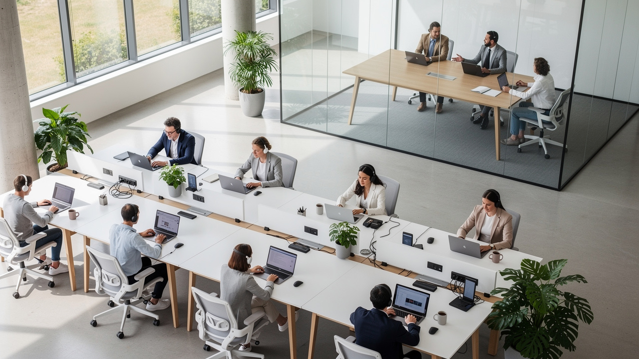 Escritório híbrido com hot desks e gestão de ocupação