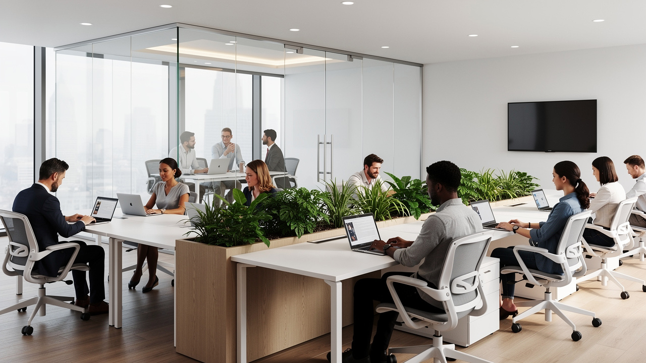 Escritório híbrido moderno com gestão inteligente de espaços