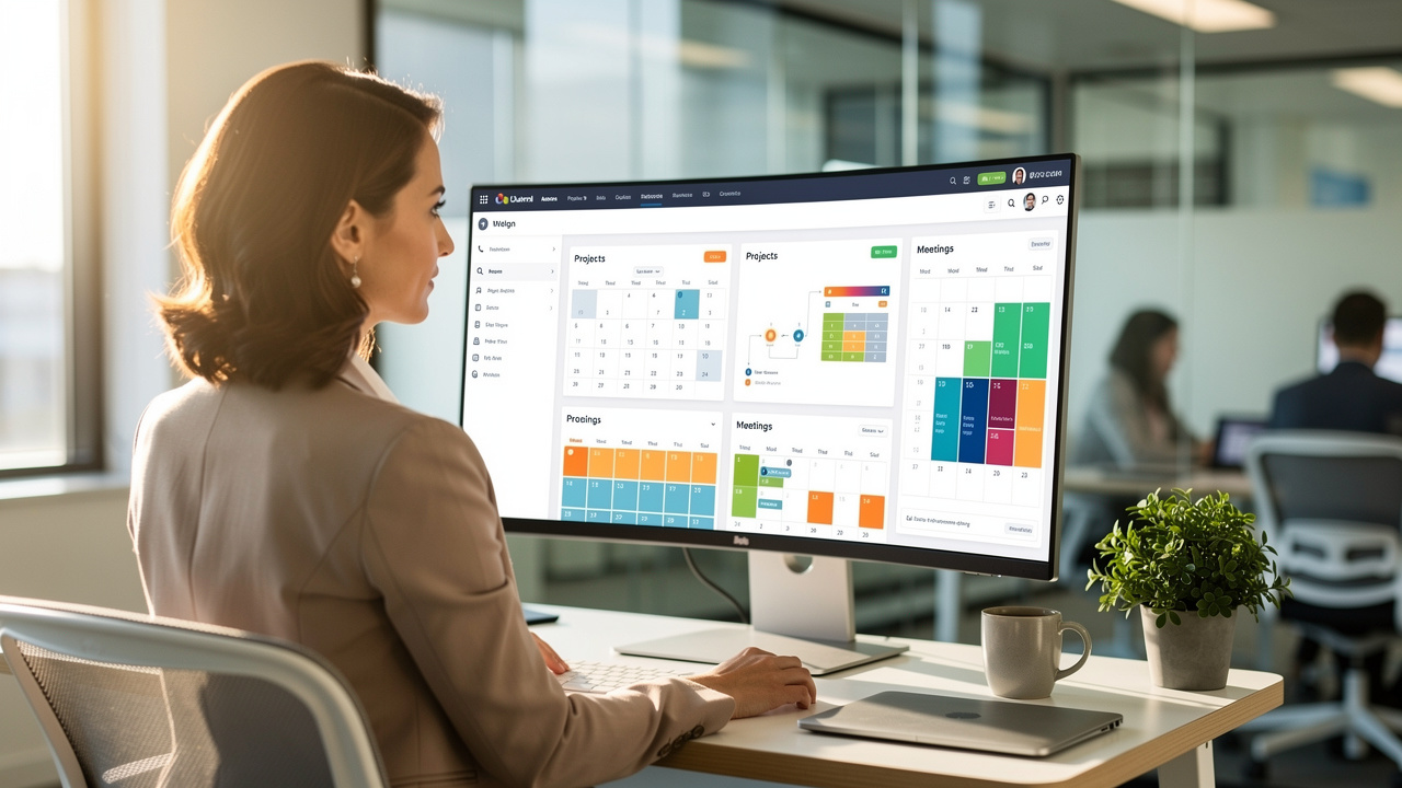 Profissional gerenciando espaços corporativos com plataforma digital