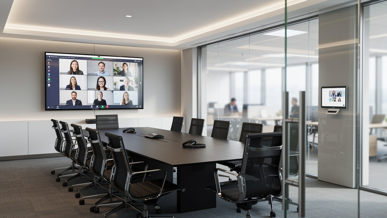 Sala de treinamento corporativo híbrido com tecnologia de videoconferência