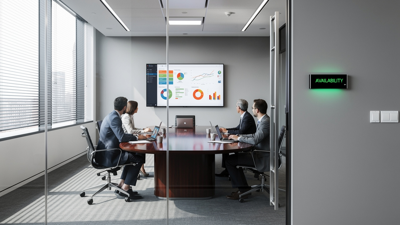 Sala de reunião corporativa com painel digital de disponibilidade