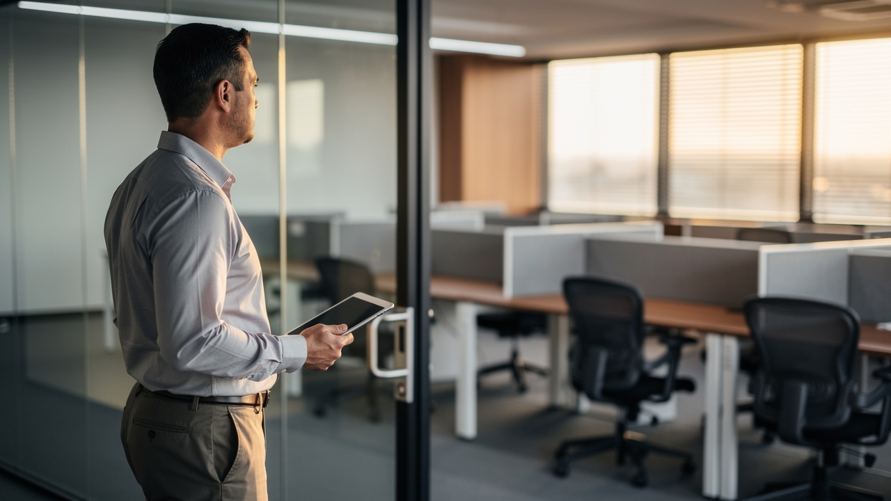 Gestor de facilities observando espaço de trabalho subutilizado