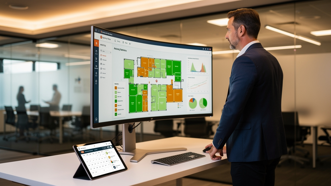 Gestor de facilities analisando dados de ocupação de espaços corporativos