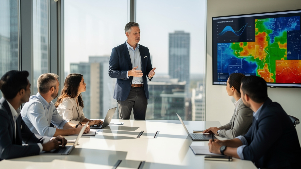 Gestor de facilities liderando reunião estratégica com equipe