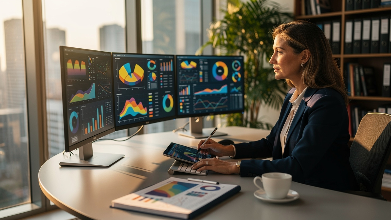 Executiva analisando relatórios de KPIs de eventos corporativos