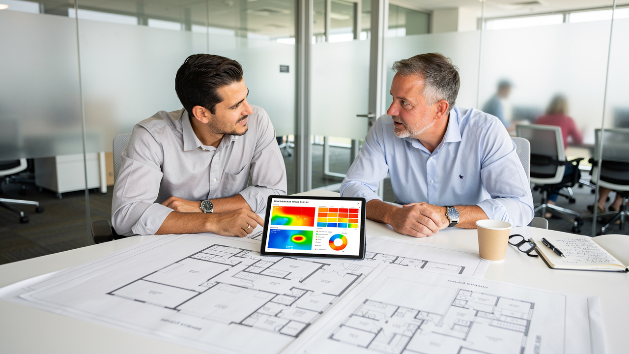 Gestores de RH e Facilities analisando dados de ocupação