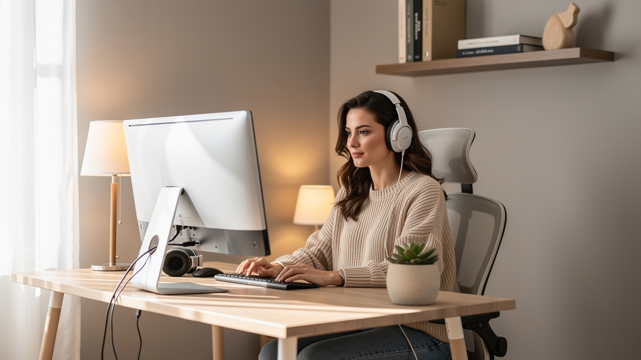 Profissional trabalhando em home office organizado e ergonômico