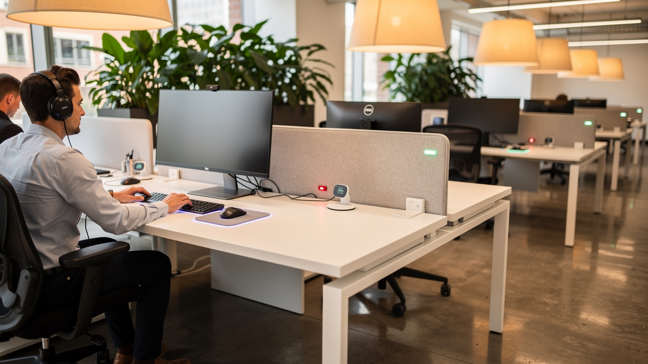 Sistema de hot desking com mesas disponíveis no escritório híbrido