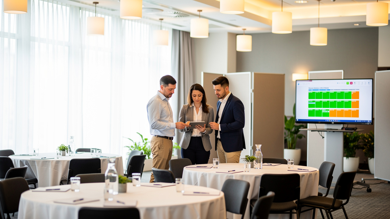 Equipe de facilities gerenciando espaços para evento corporativo gamificado