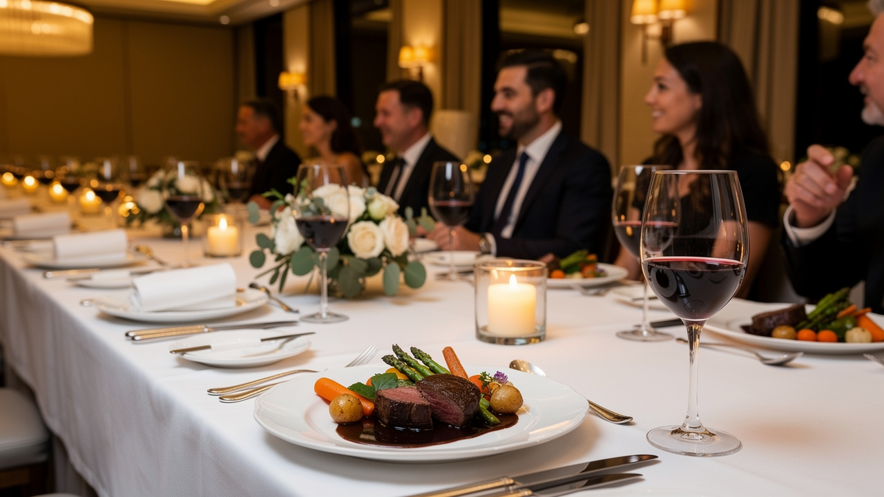 Jantar corporativo elegante com mesa posta e convidados