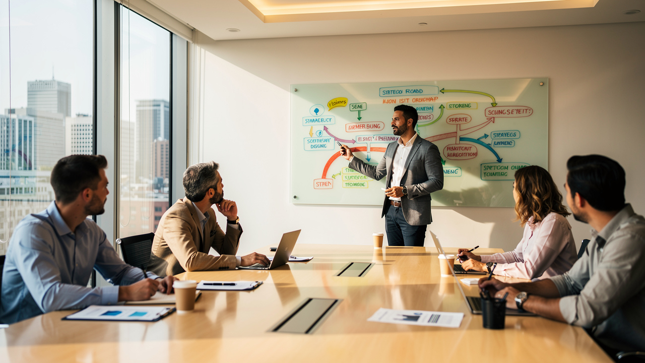 Líder comercial apresentando estratégia para equipe de vendas