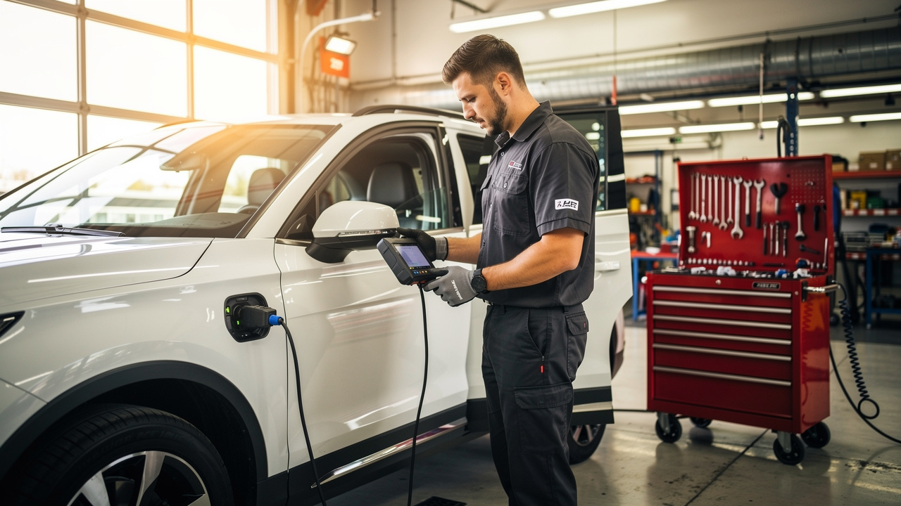 Mecânico realizando manutenção preventiva em veículo corporativo