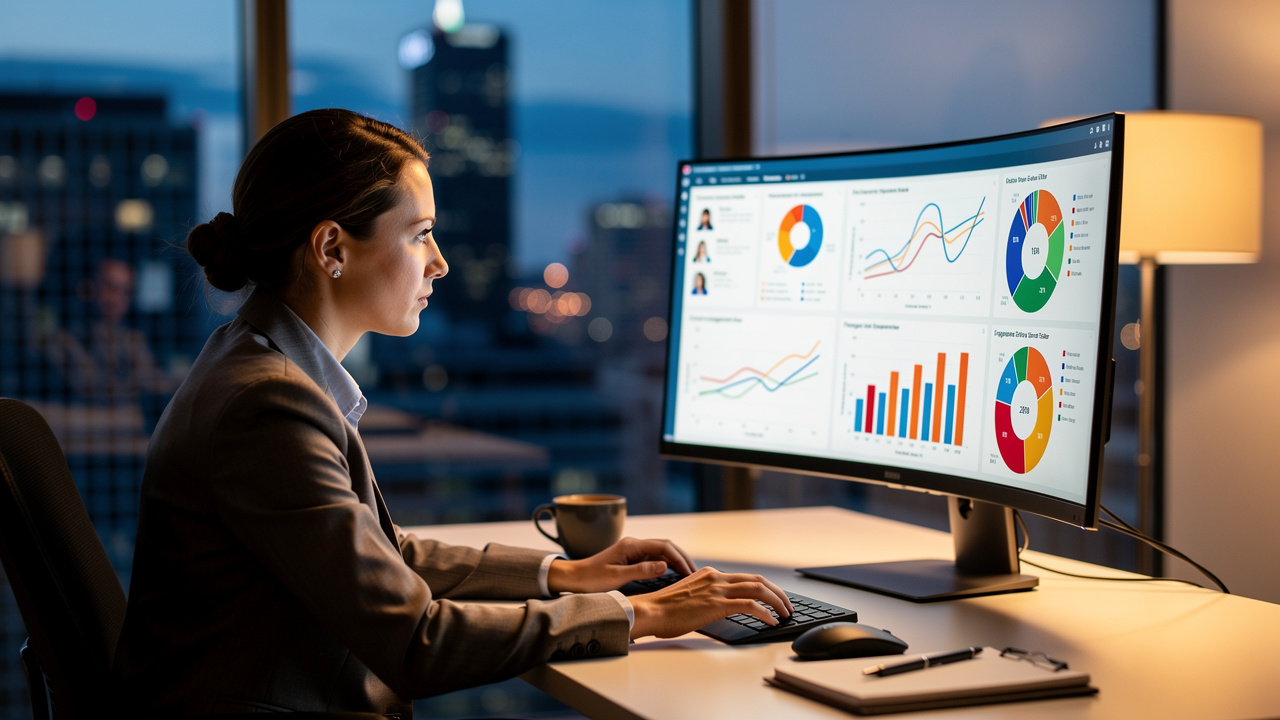 Gestora analisando métricas de engajamento e ROI do team building