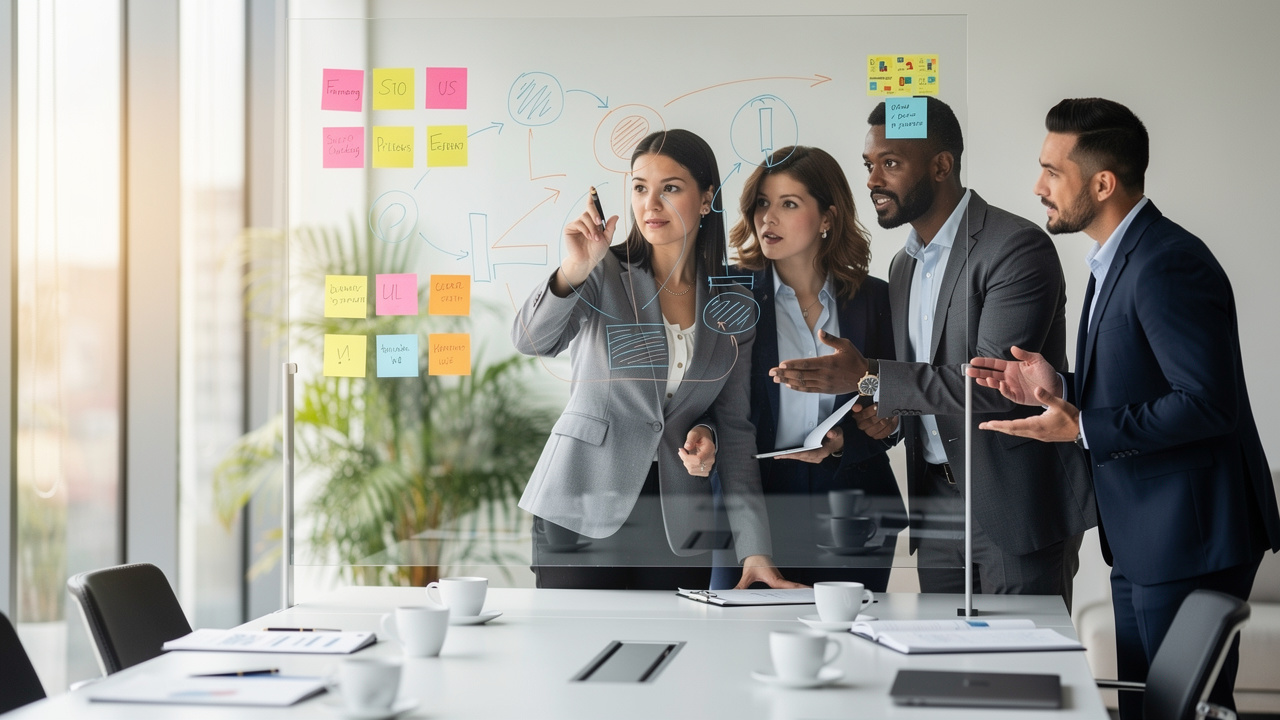 Equipe corporativa planejando estratégia com post-its em sala moderna
