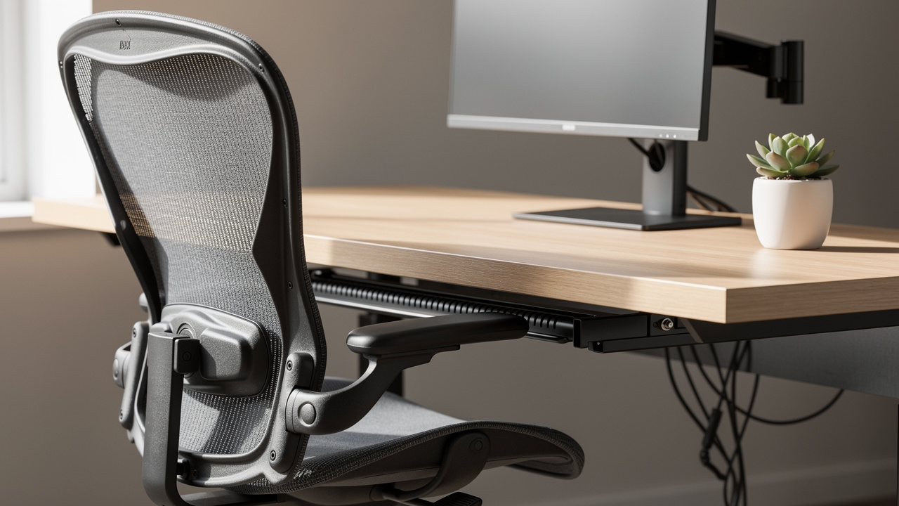 Mobiliário ergonômico com cadeira e mesa regulável no escritório