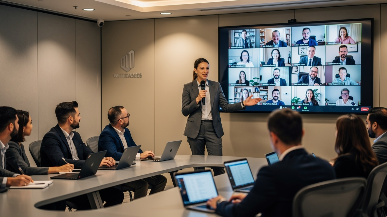 Moderador conduzindo evento híbrido com duas audiências simultâneas