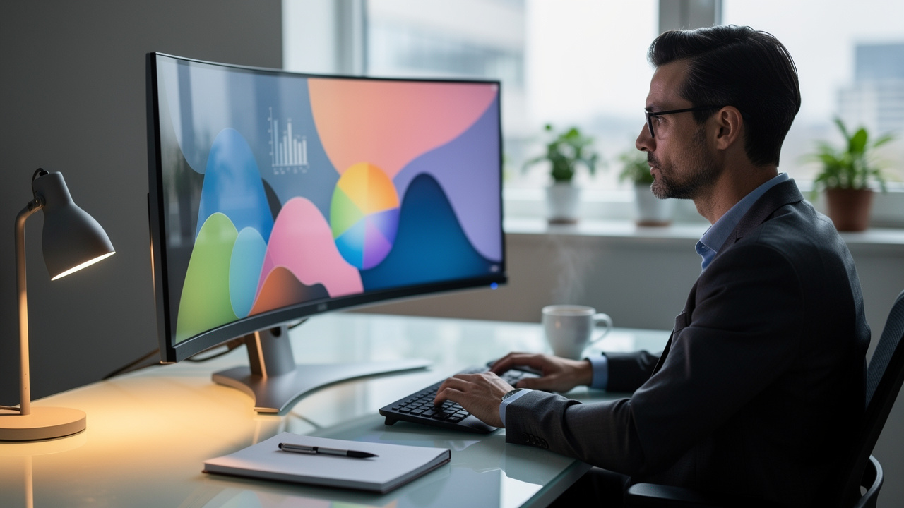 Analista monitorando métricas de bem-estar corporativo em escritório