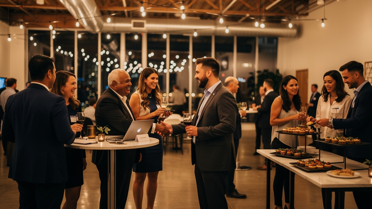 Profissionais em networking ativo durante evento corporativo noturno