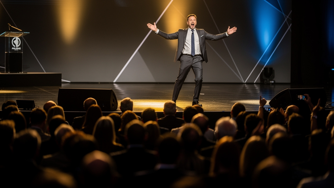 Palestrante motivacional em palco de convenção de vendas