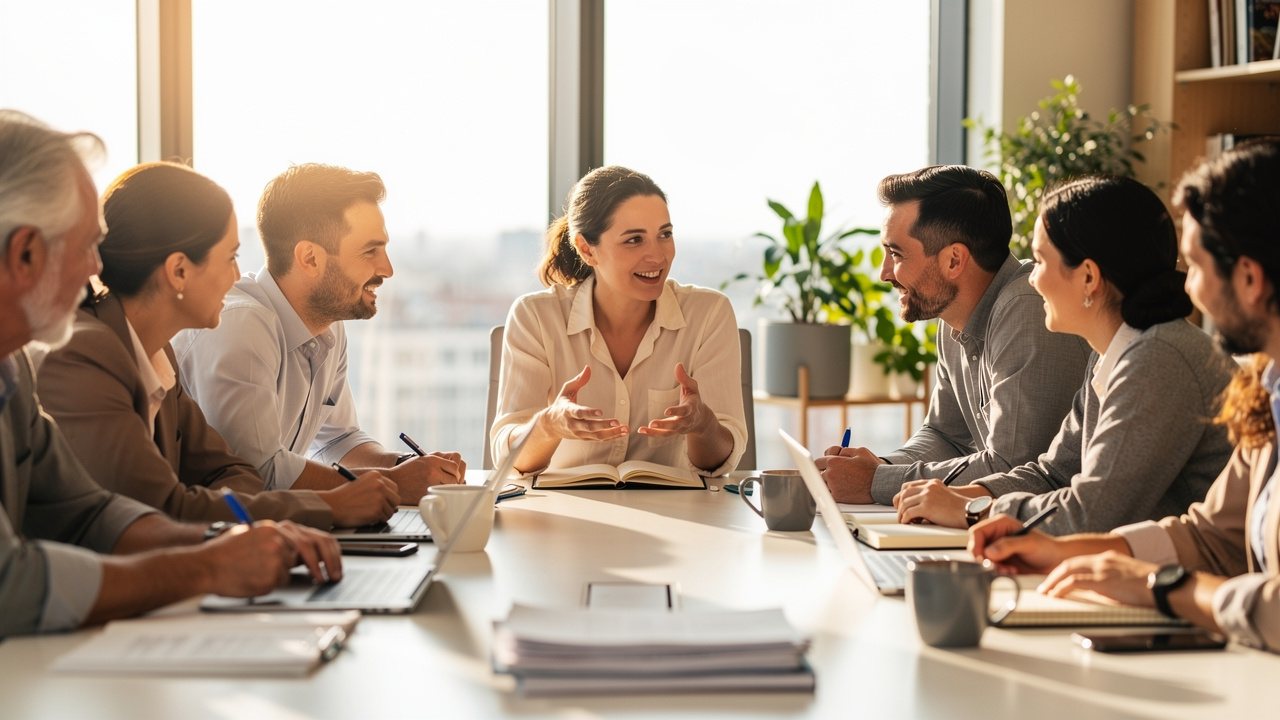 Profissionais reunidos discutindo valores e pilares da cultura empresarial