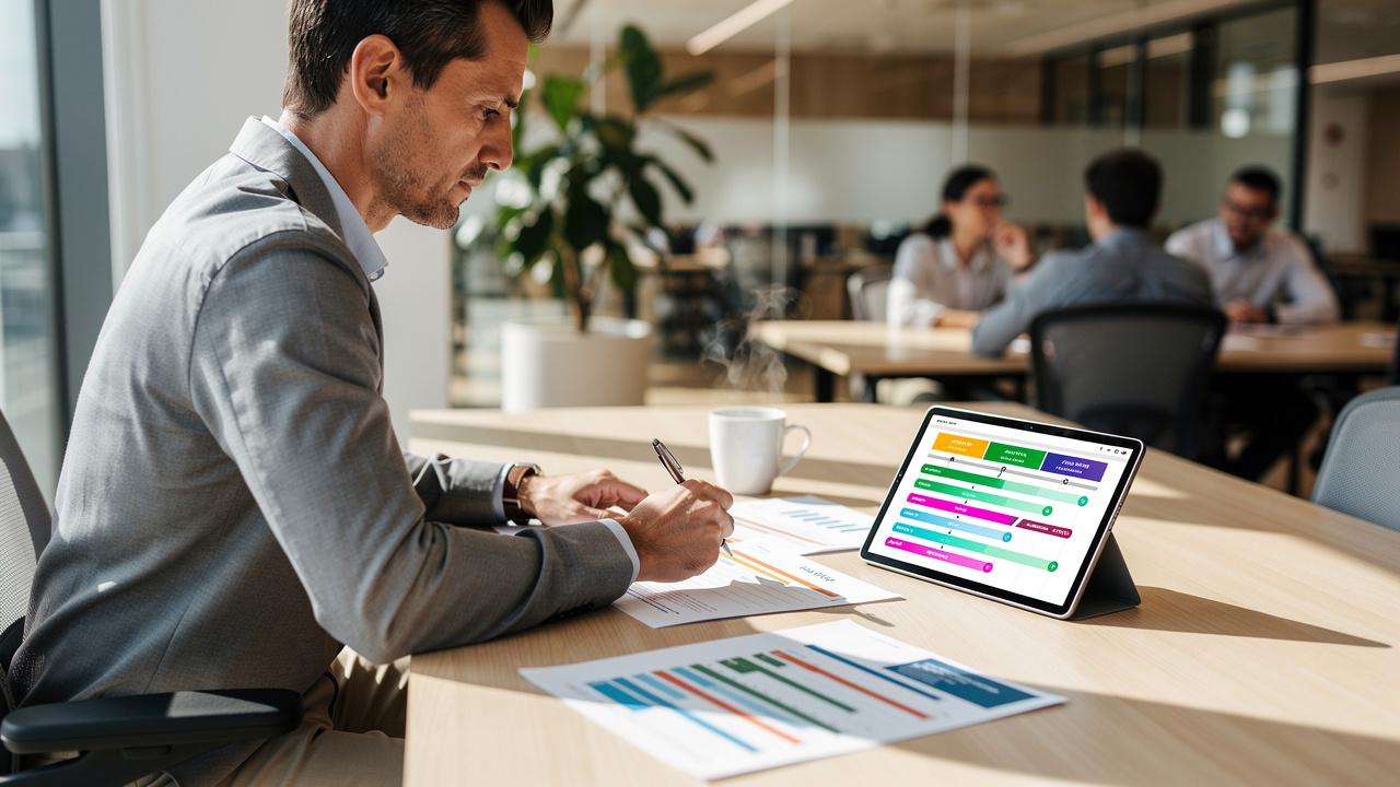 Profissional planejando evento corporativo com cronograma detalhado