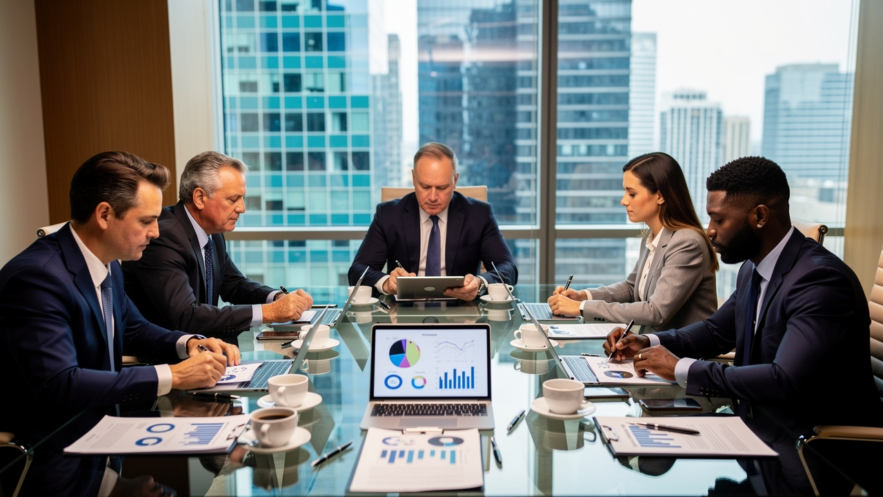 Executivos em reunião de planejamento estratégico para lançamento