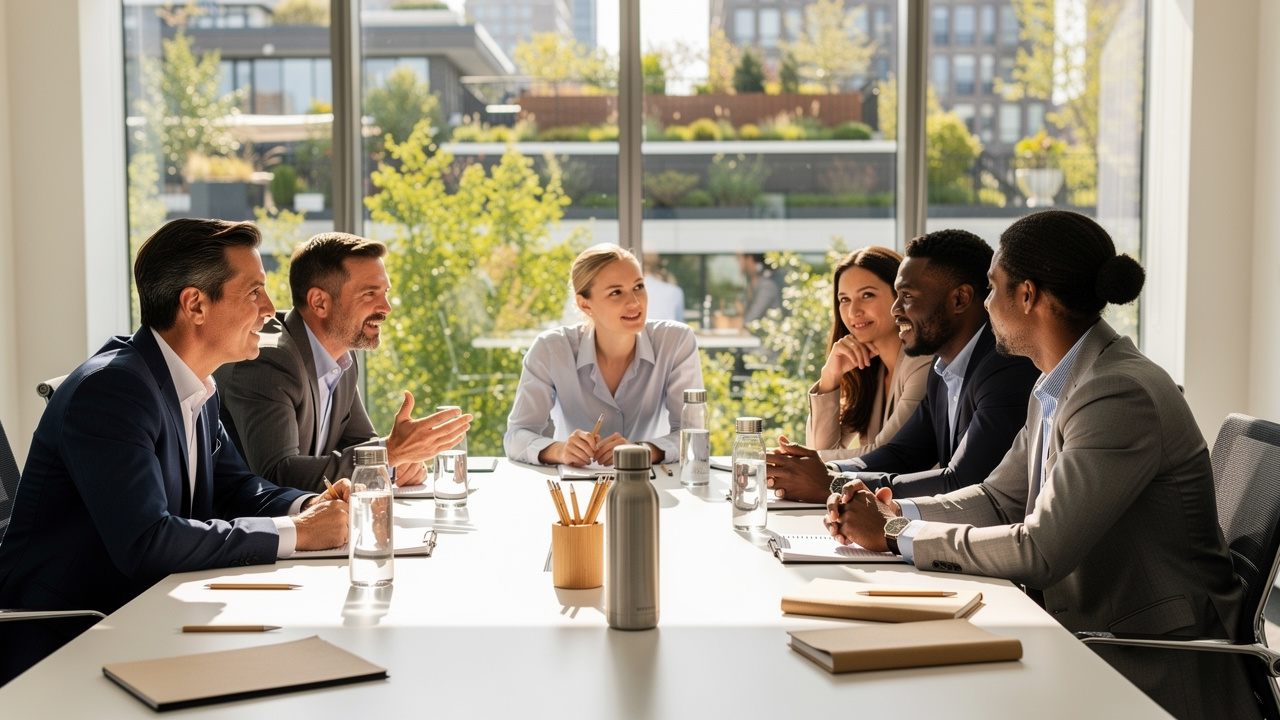 Equipe corporativa diversa planejando evento sustentável com critérios ESG