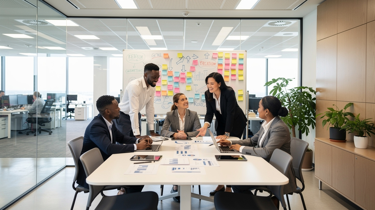 Líderes planejando programa de team building em sala moderna