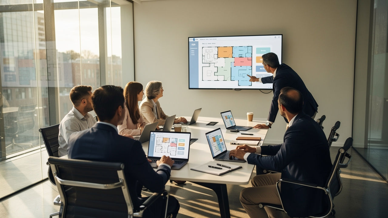 Equipe usando plataforma digital de gestão de espaços para evento corporativo