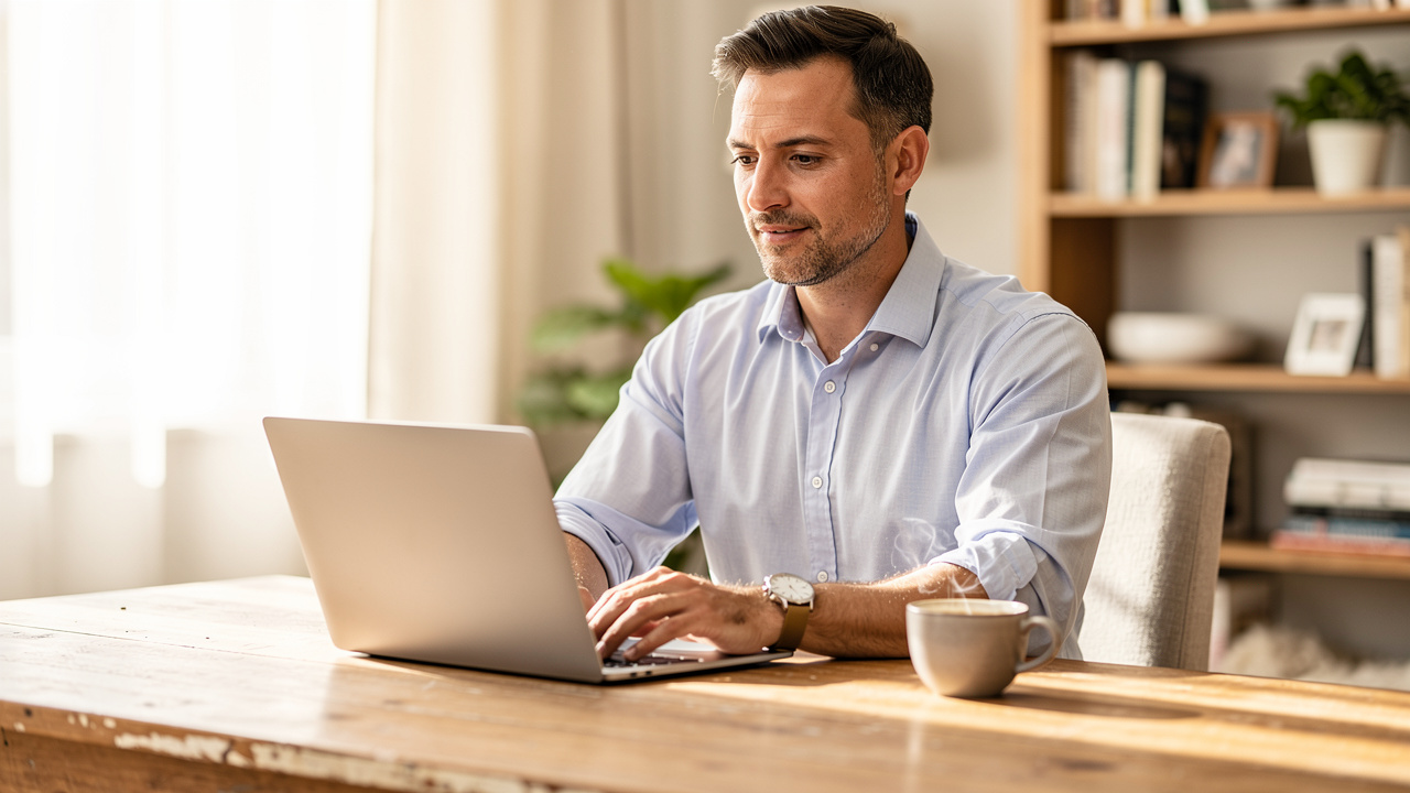 Profissional trabalhando em home office com luz natural