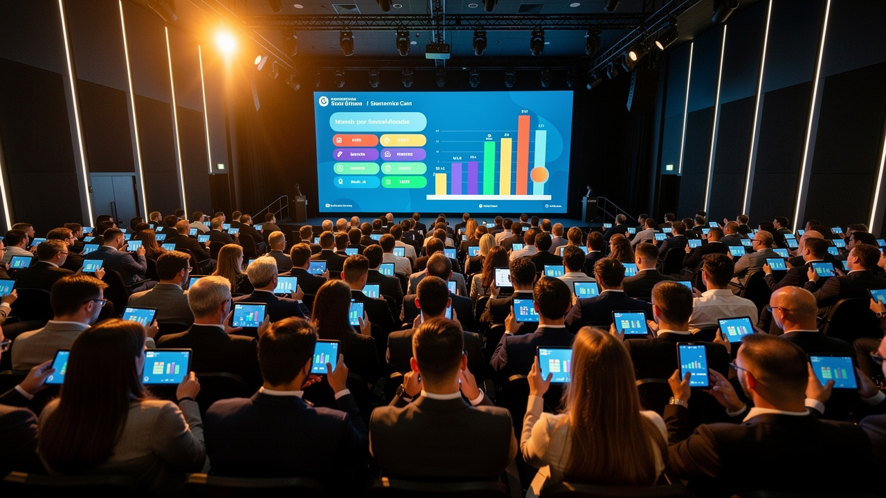 Público participando de quiz interativo em tempo real no auditório