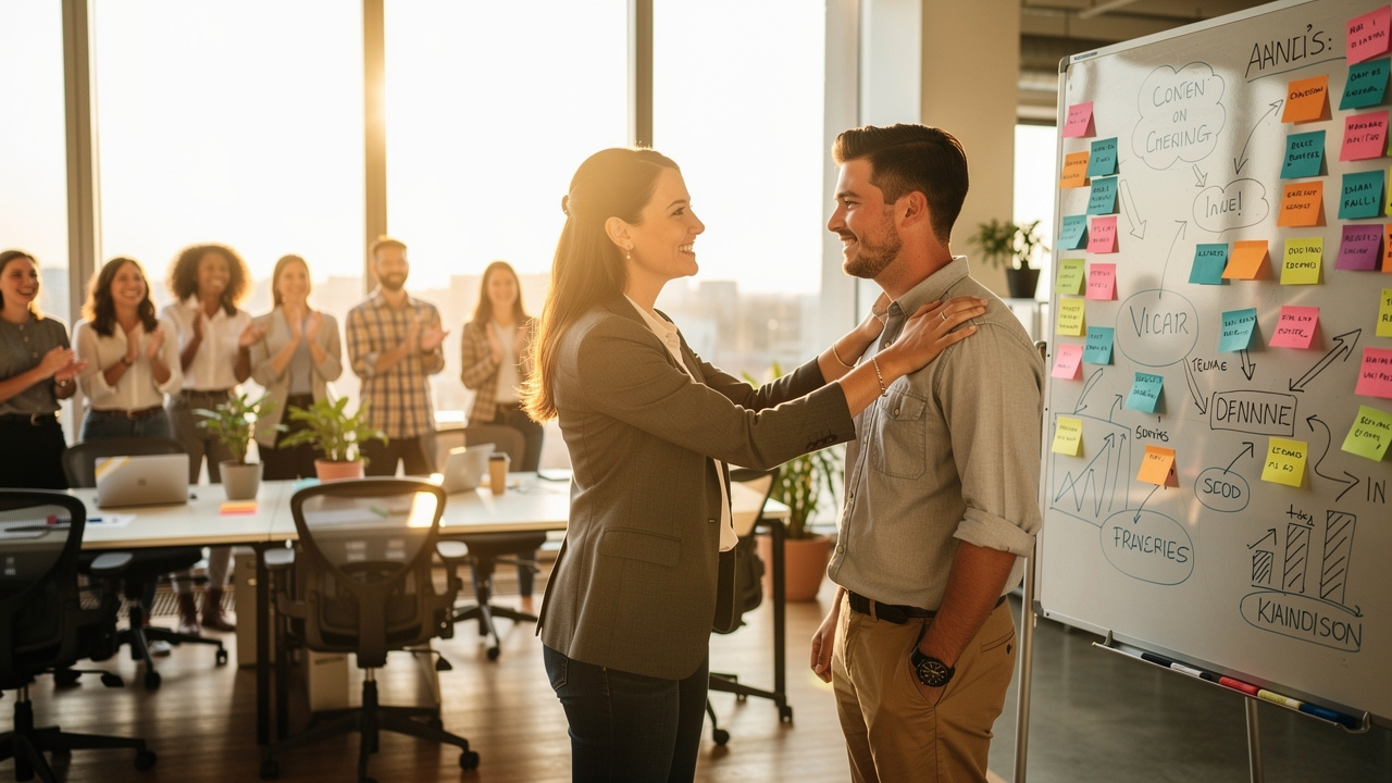Liderança reconhecendo colaborador em ambiente de trabalho positivo