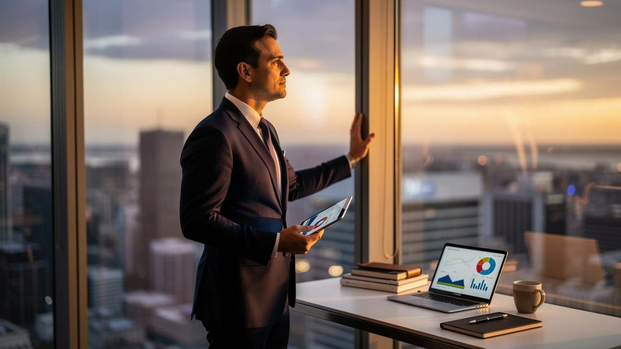 Gestor refletindo sobre resultados e próximos passos pós-evento
