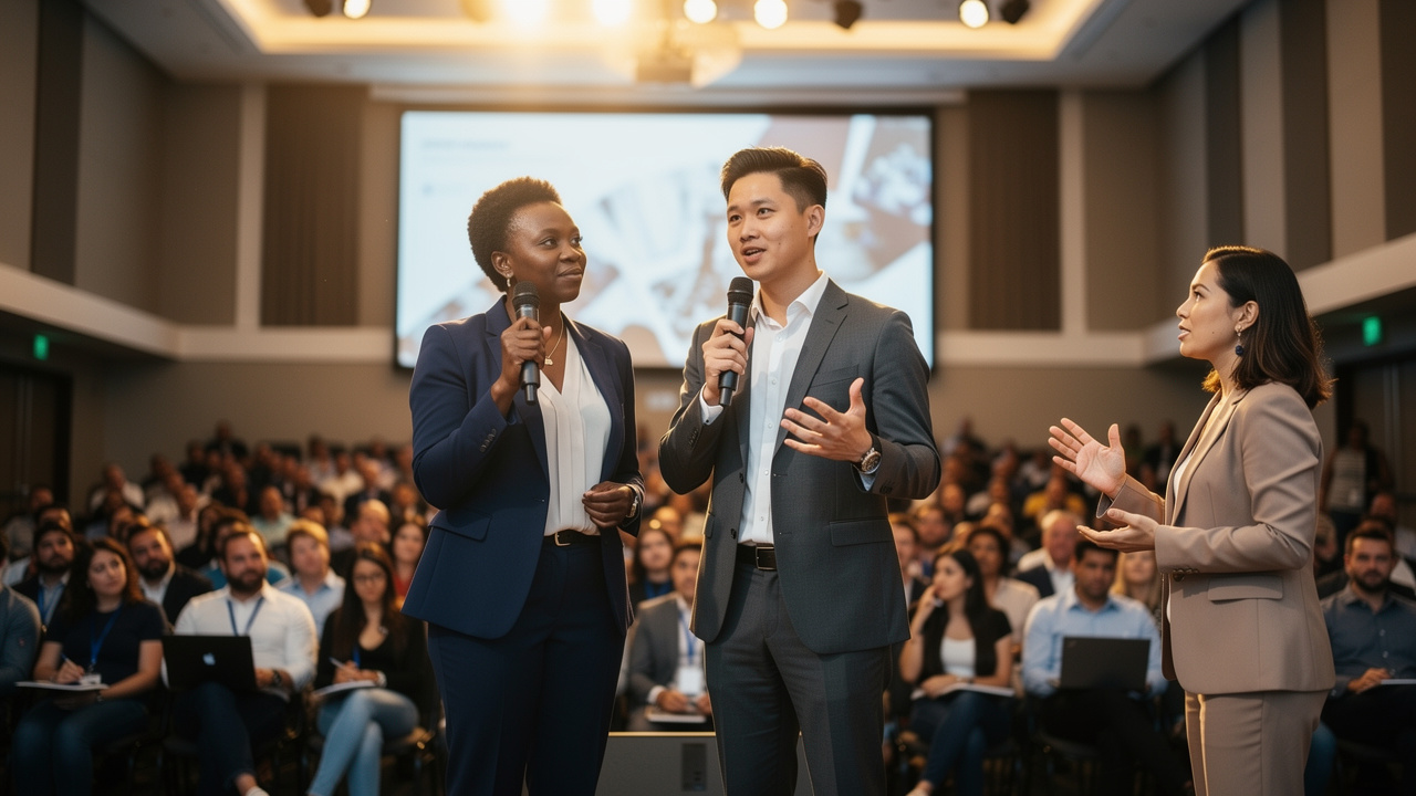 Palestrantes diversos em palco de evento corporativo