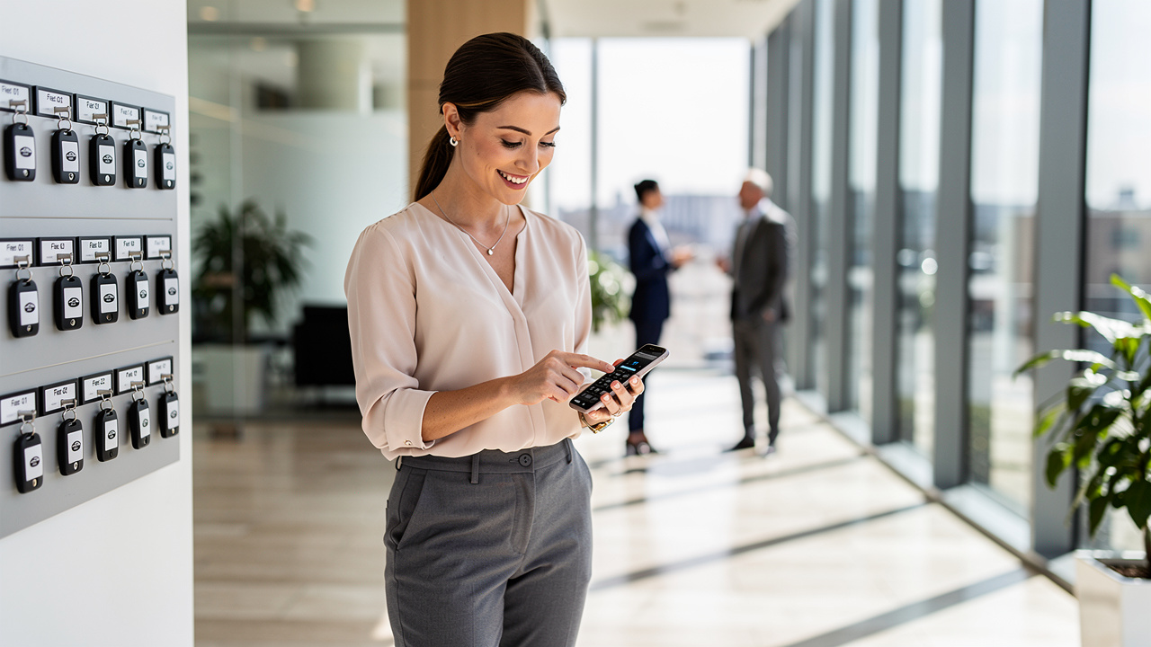 Colaboradora reservando veículo corporativo pelo smartphone