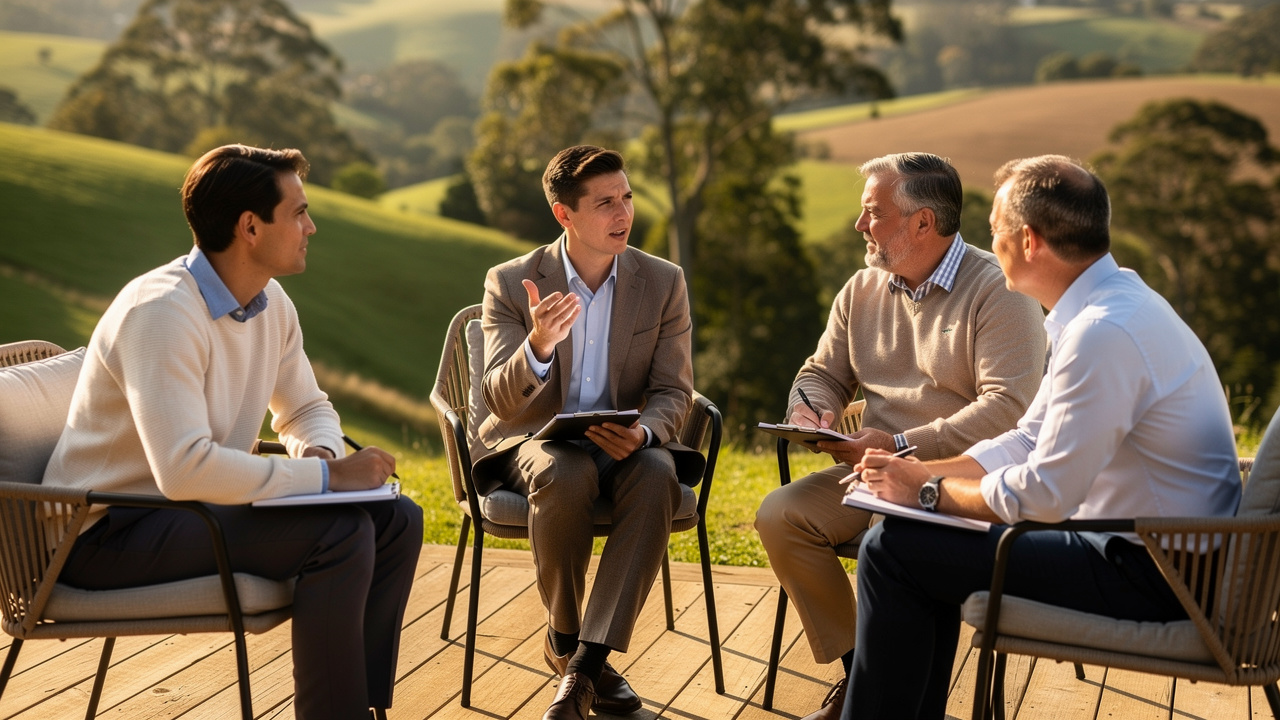 Líderes em conversa estratégica durante retiro corporativo ao ar livre