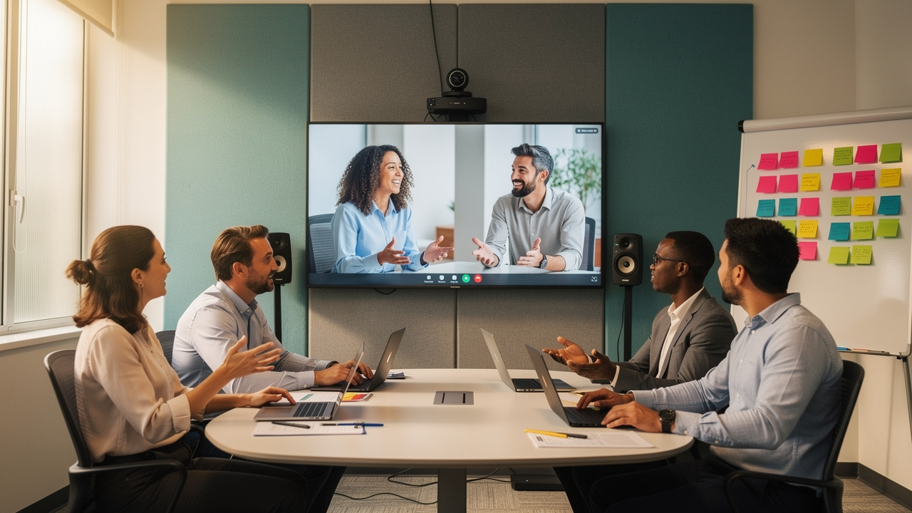 Equipe híbrida em reunião com participantes remotos e presenciais